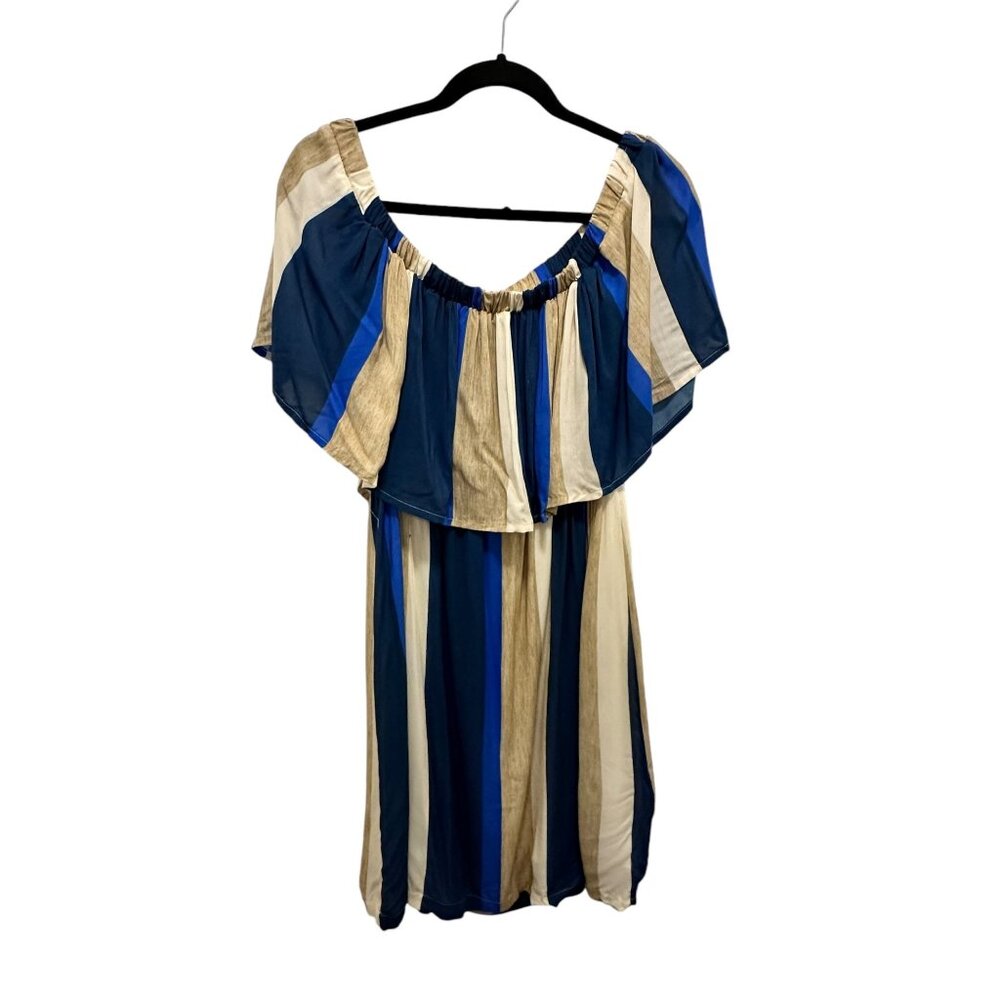 👗 2/$30 👗 Blue & Tan Striped Italian Off Shoulder Above Knee Length Dress sz M